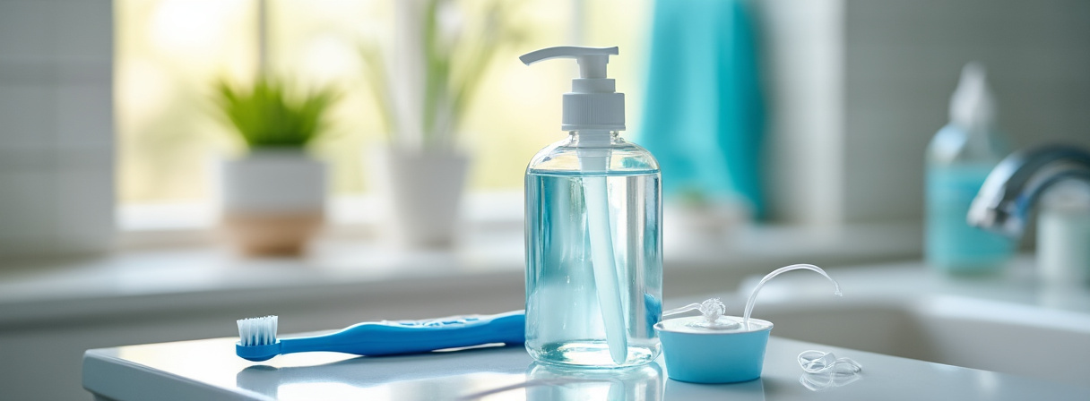 Zahnpflege-Produkte auf modernem Badezimmer-Ablage